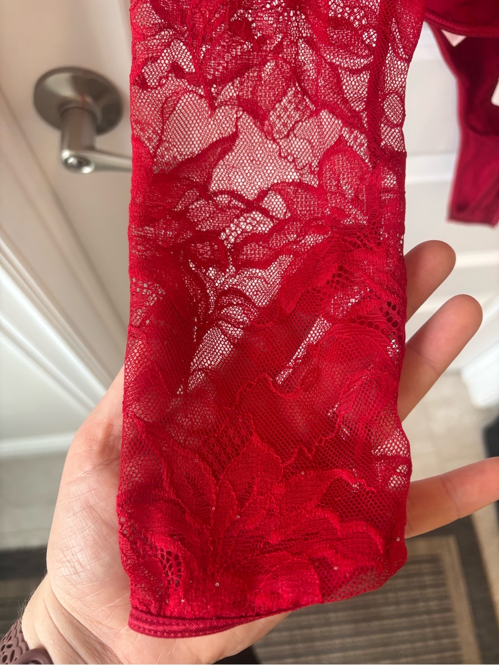 La Vie En Rose Red Lace Sheer Long-Sleeve Bodysuit - Picture 8 of 12